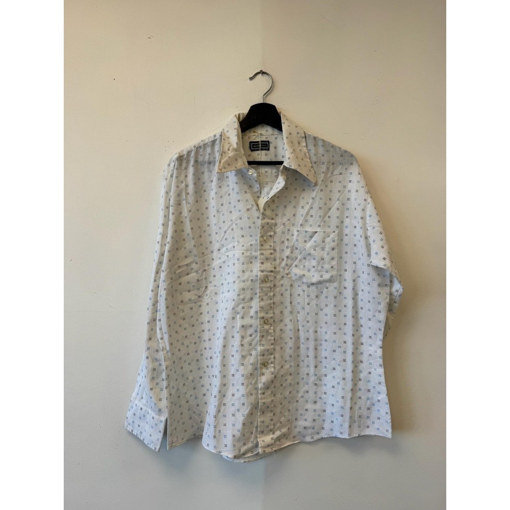 Vintage Durable Press‎ Shirt Mens Large 16 16.5 White Geometric Button Front 70s